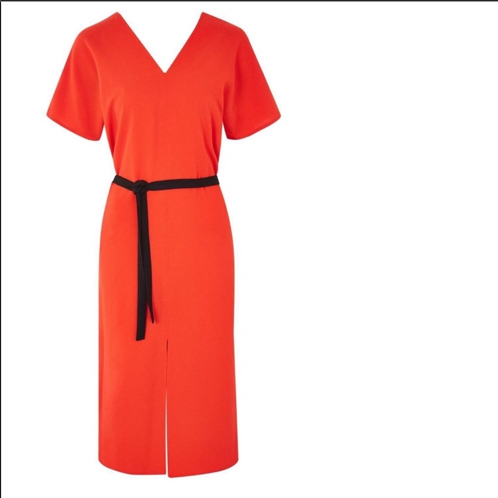 Topshop Belted Orange and Black Midi Dress size 2